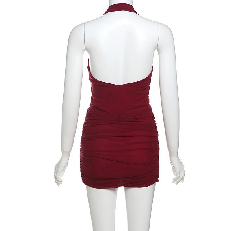 Women's Sexy Fashion Royal Sister Wind Hanging Neck Swing Back Slim Pleated Dress