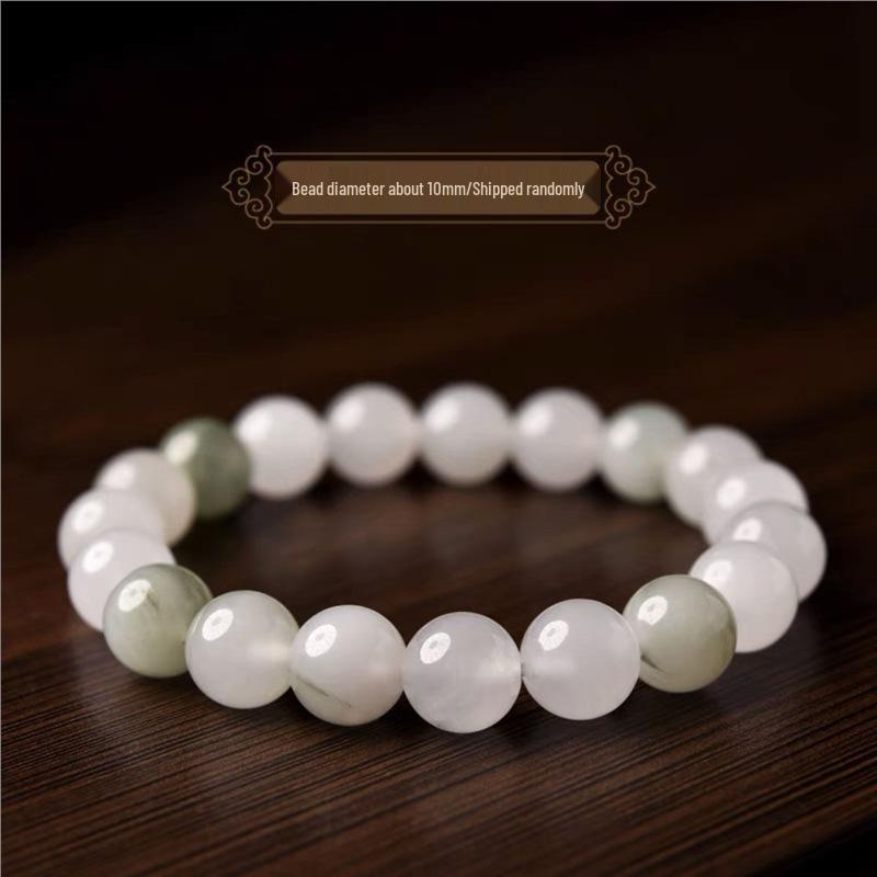 Women's Natural Tianshan, Hetian, and Xinjiang Golden Silk Jadeite Bracelet with White Chalcedony Beads