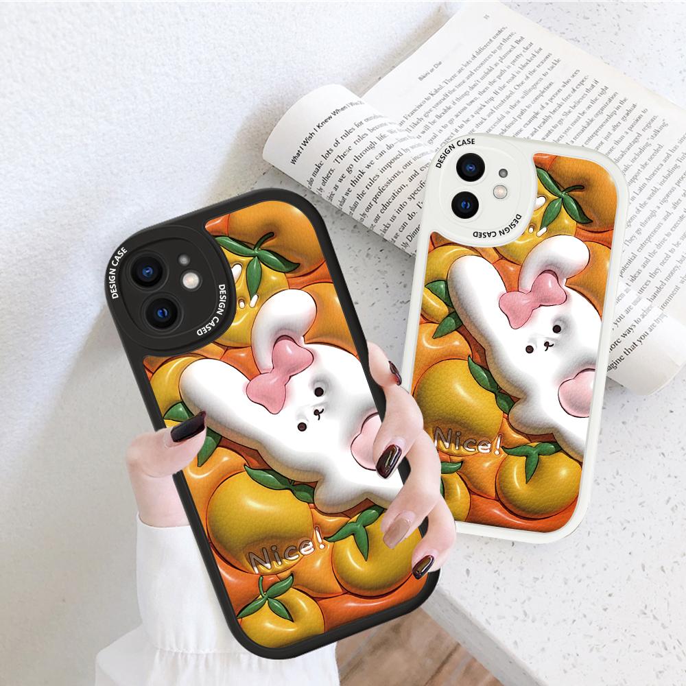 Cienkie etui z miękkiego silikonu PU skóra z kreskówkowym mandarynkowym królikiem na telefon iPhone Samsung Huawei Honor Xiaomi Redmi OPPO Realme Vivo