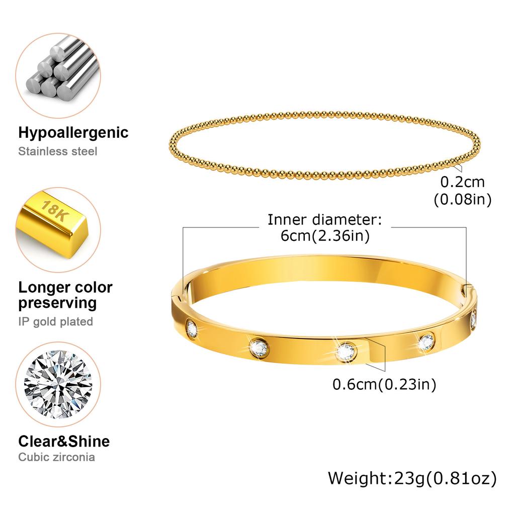 Vnox 2-8mm Women Bracelets Set, Simple Stacked Gold Plated Stainless Steel Beads Bracelets , Glam Love Gift Cuff Bangles for Her