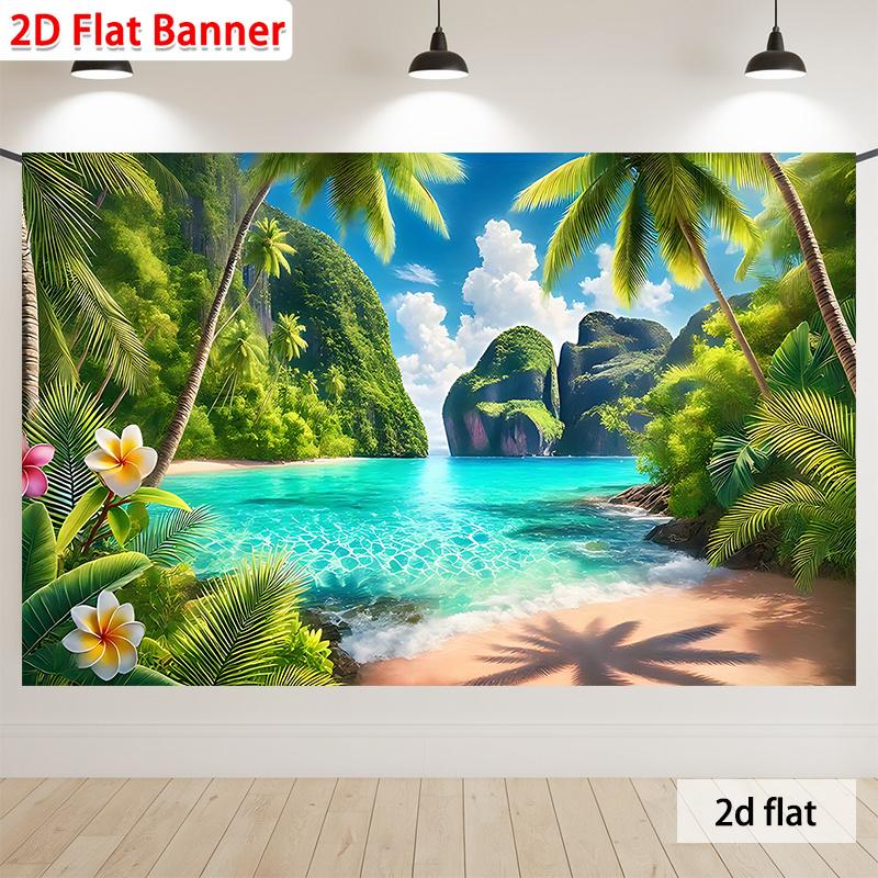2D plane 1 Earth Day party banner - Tropical beach scene with palm trees and turquoise water background wall art 100x150cm