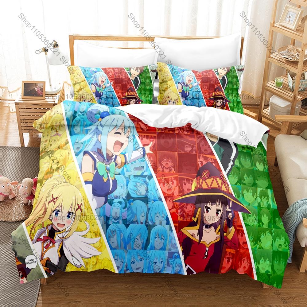 KonoSuba Bright Colorful Isekai Fantasy Hilarious Adventure Mage Goddess Knight Anime Bedding Set Duvet Cover + 2 Pillowcases