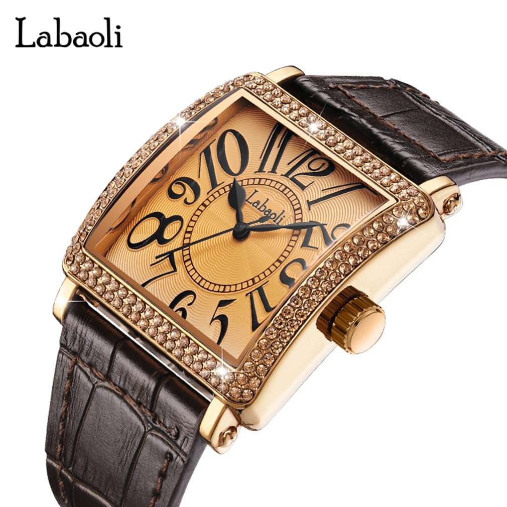 Square Wristwatch with Leather Strap and Big Gift Women's Diamonds, Face, Stylish, Waterproof, Simple, Business, Casual, Luxury, Brown,