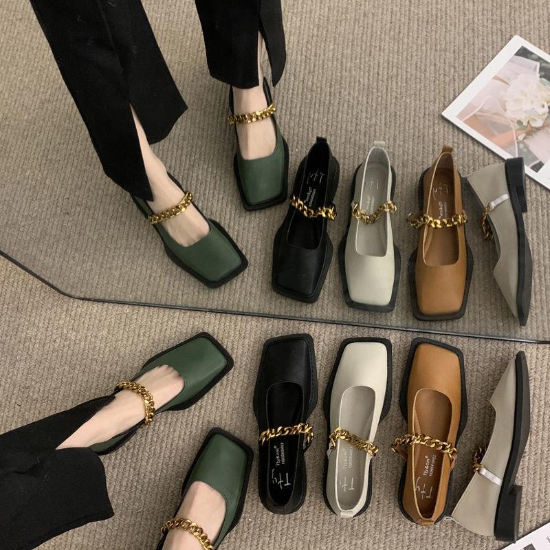 Metallkette quadratischer Kopf Retro Slipper einzelne Damen Herbst 2025 neue britische vielseitige Mary Jane kleine Lederschuhe Damen