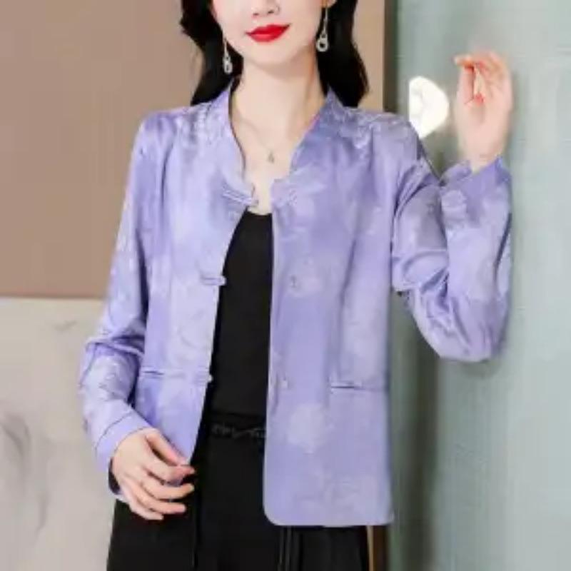 New Chinese Style Stand Collar Plate Button Spring and Autumn Fashionable Casual Jacquard Long-sleeved Top