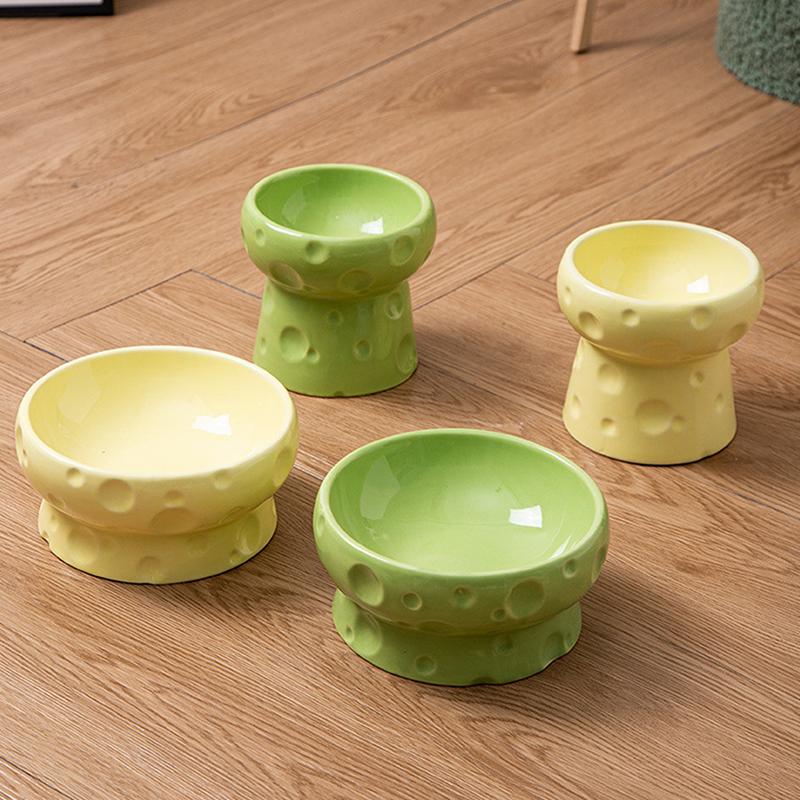 Ceramics Cat Bowl With Cheese Design Cat Food Bowl Water Plate Snack Dish Large Caliber Anti-Tip With Stand For Neck Protection