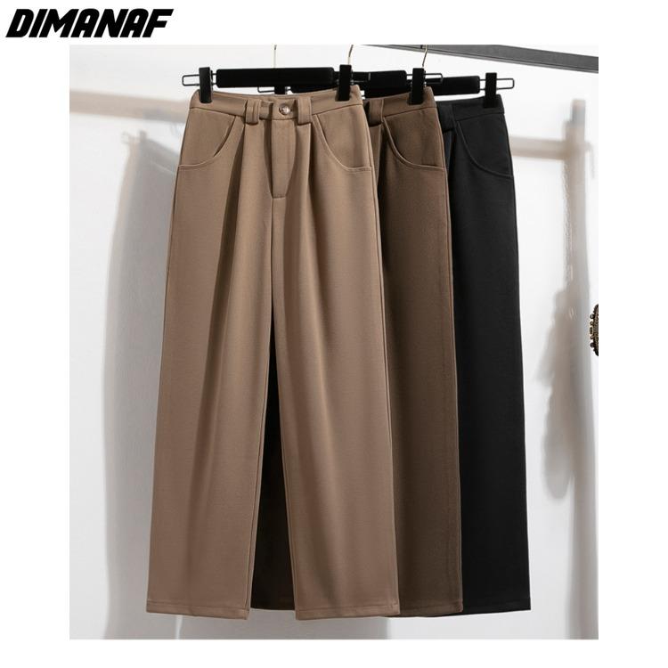 

DIMANAF 2024 Весна Плюс Размер Женские Длинные Брюки Винтажные Брюки Свободные Плотные Шерстяные Повседневные Офисные Женские Однотонные Длинные Брюки A M чёрный