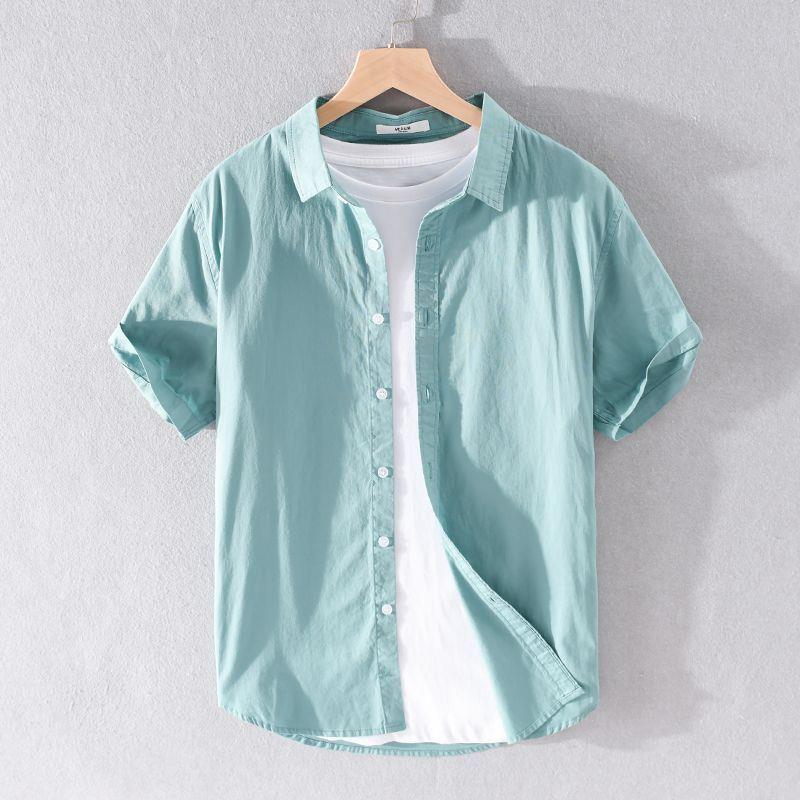 Men's White Slim-Fit Short-Sleeve Oxford Shirt with Square Collar