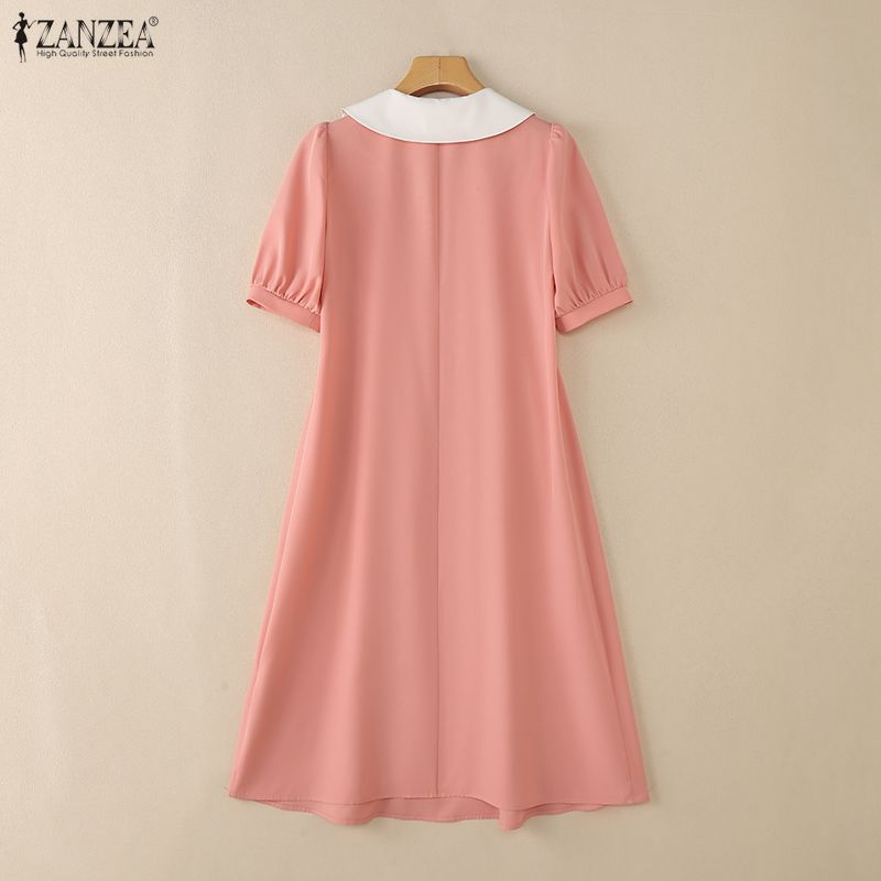 ZANZEA Women Casual Splice Doll Collar Summer Short Sleeve Dress