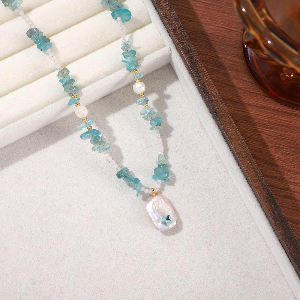 Aquamarine Irregular Pearl Necklace - Handmade Beaded Summer Beach Resort Style Accessory