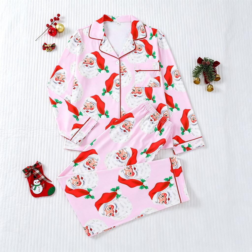 Women's Christmas Printed Pajama with Lapel Collar and Open-Front Design for Holiday Lounging