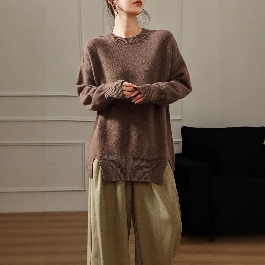 Women's Plus Size Round Neck Sweater - Autumn/Winter Solid Color Knit with Slit Design