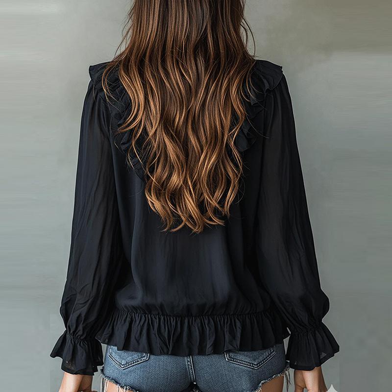 Elegant Women Long Sleeve Blouses White Ruffle Solid Color V Neck Casual Daily Blusas Spring Autumn Shirts Office Lady Tops
