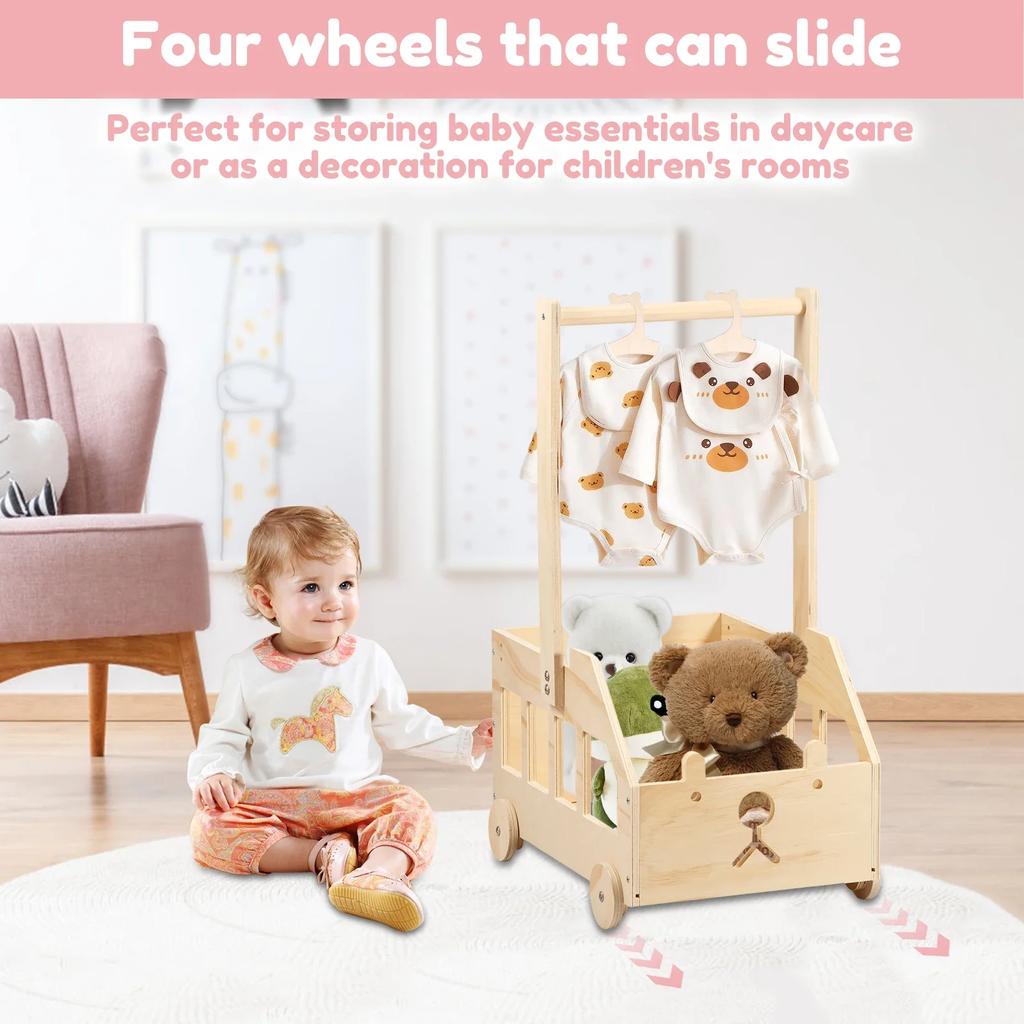 Wood Baby Shower Crate Closet with Wheels Bear Car Shape Baby Shower Basket with Portable Handle for Pregnancy New Parent Home