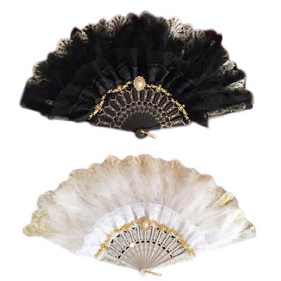 Abanico de Encaje y Plumas Estilo Lolita Vintage 20s Disfraz Flapper Abanico de Mano Plegable