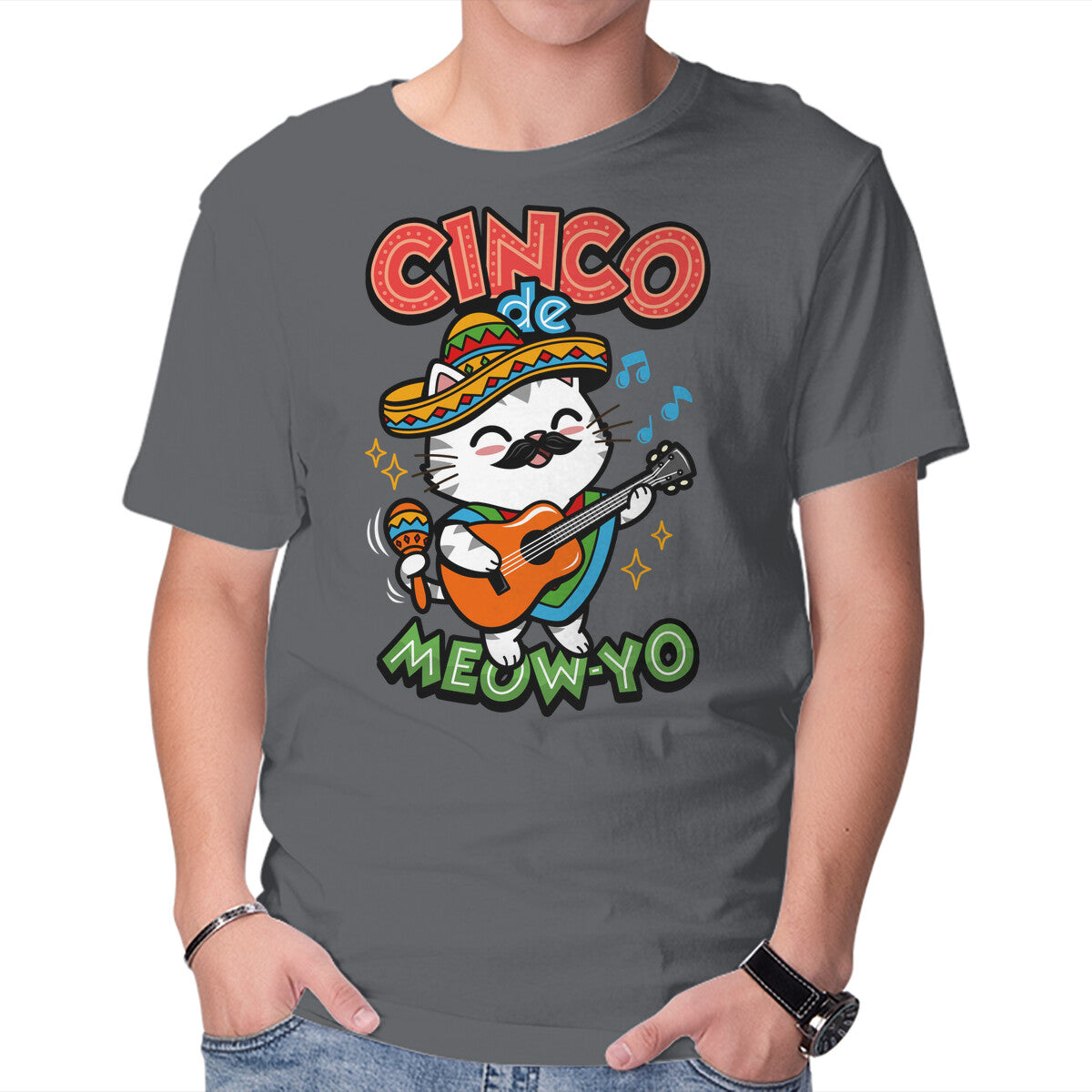 Unisex Crew Neck T-Shirt Cinco De Meow-yo Graphic Short Sleeve Casual Tee XXXXL