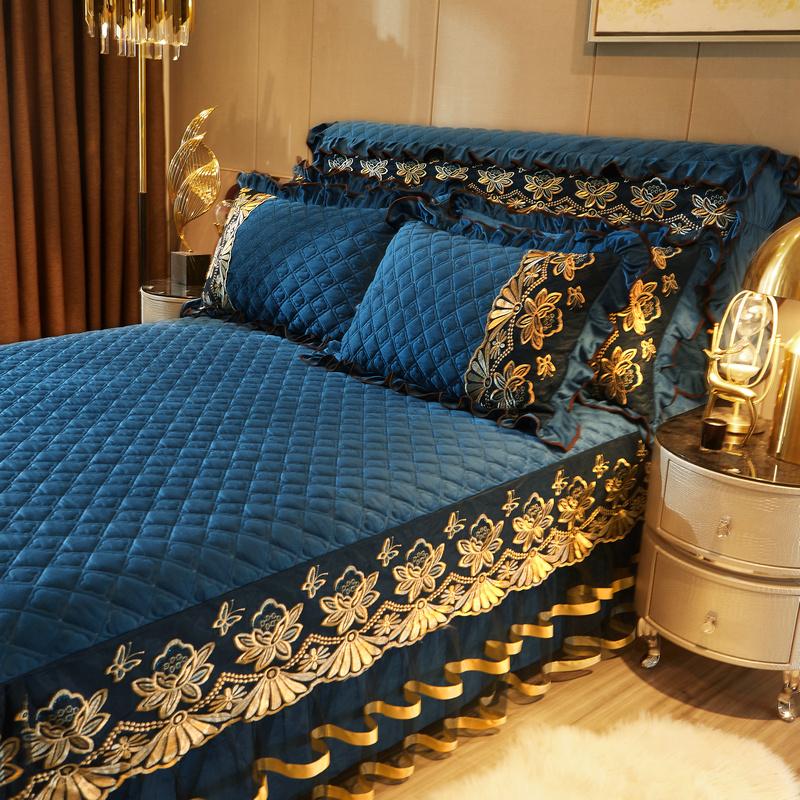 Europäische Luxus-Stickerei verdicken samt gesteppte Tagesdecke Single Queen King Spitze Bett Rock Bettdecke Bettlaken Kissenbezug #/