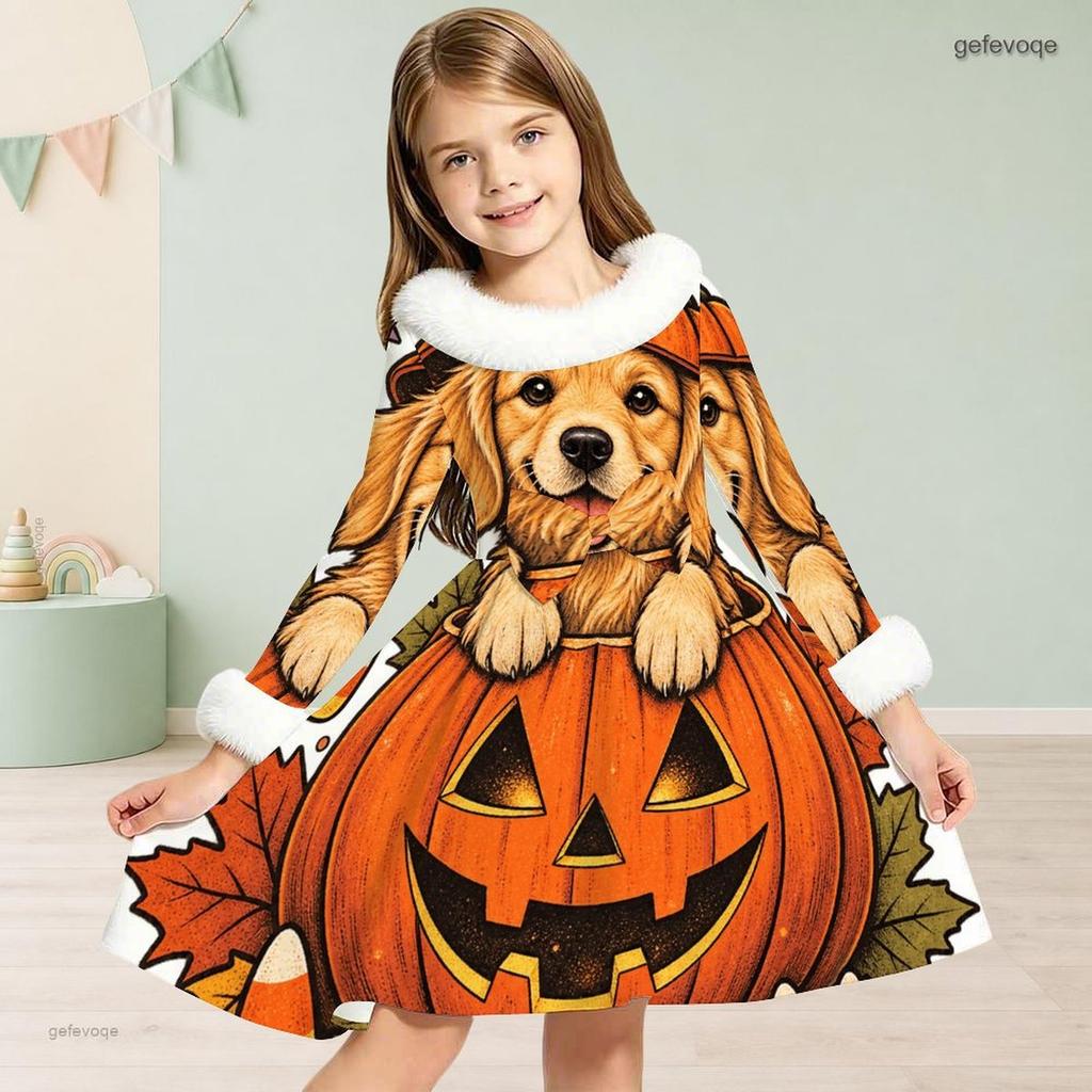 Girls High Neck Long Sleeve Pumpkin Crow Rose Printed A Line Dress