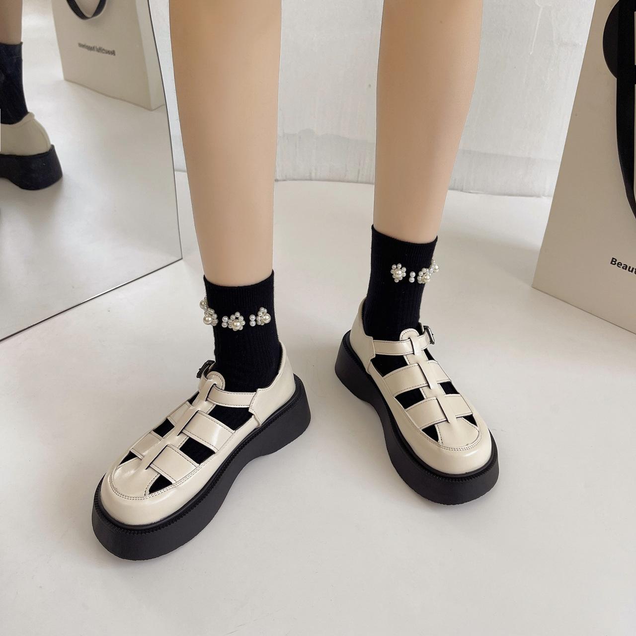 

Женские повседневные туфли на платформе с кексами 2024 года, весна-лето, новые модные римские сандалии, сумка-голова, полые туфли с одним словом и пряжкой 35 белый