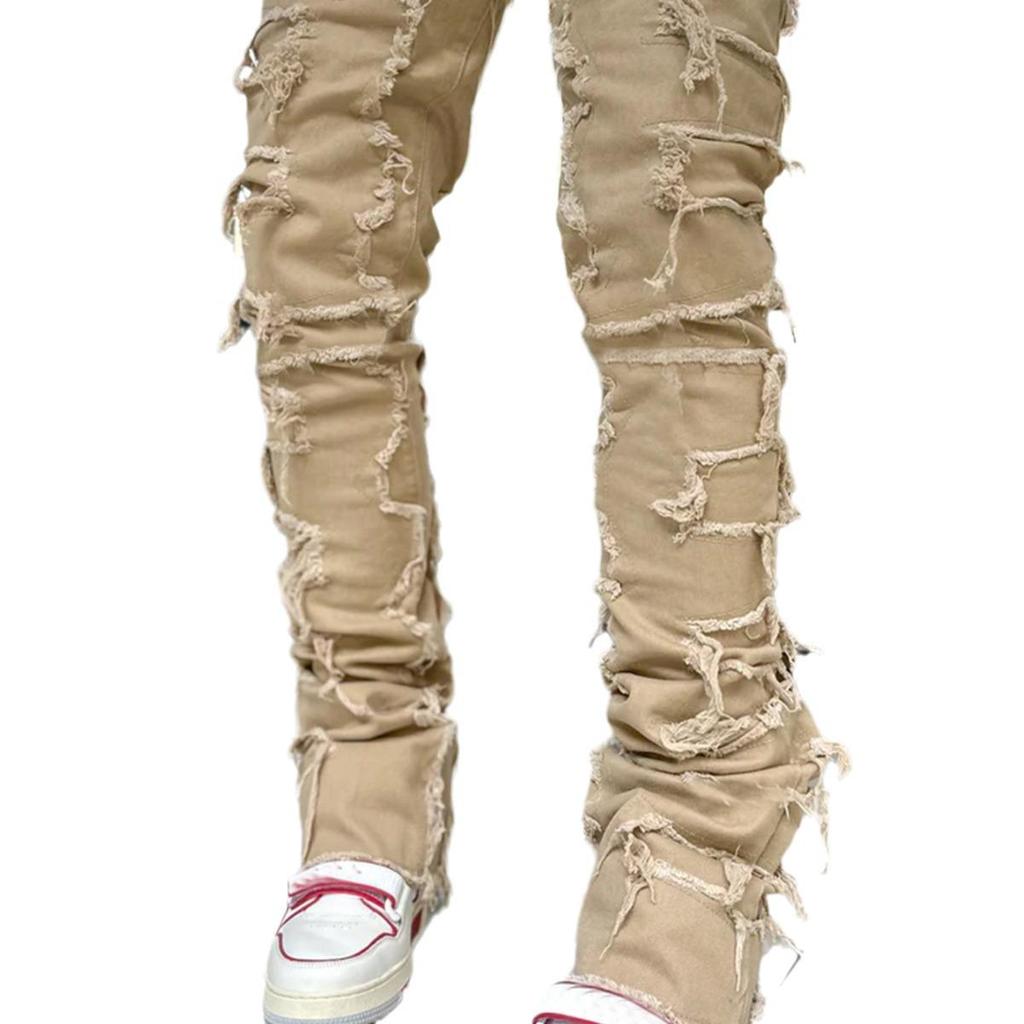 WISH Men's Elastic Tassel Patch Denim Pants - European & American Fashion Trend