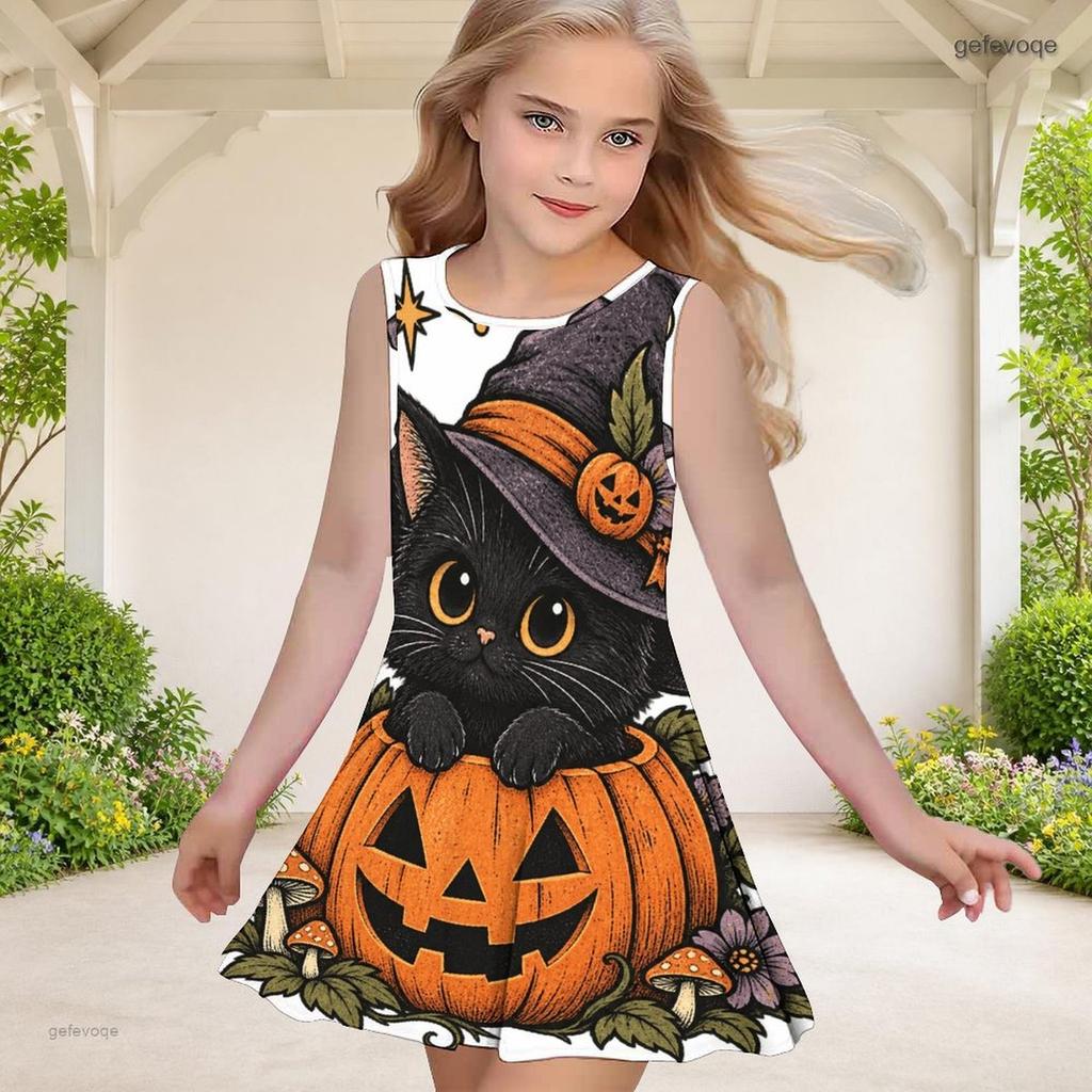 Girls Round Neck Sleeveless A Line Flared Dress Halloween Pumpkin Ghost Printed