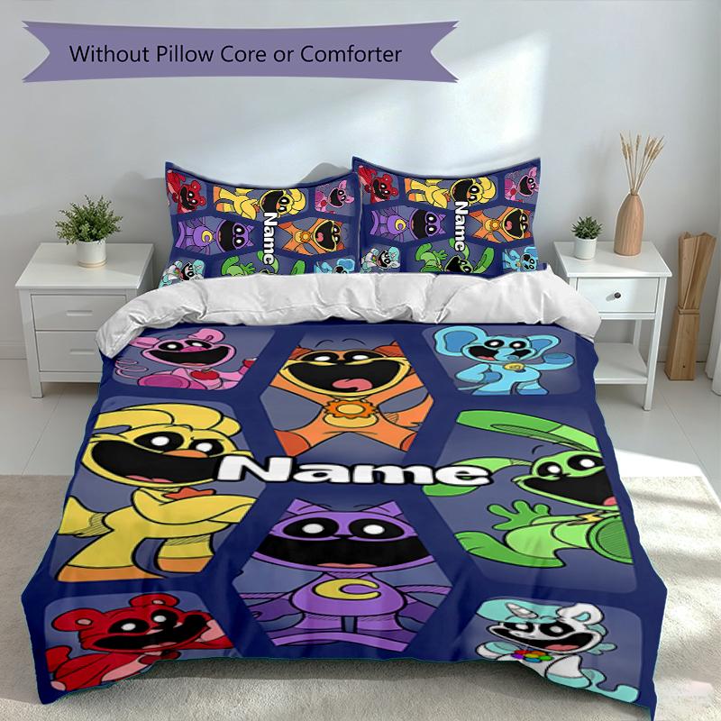 3pcs Custom Name Smiling Critters Bedding Set,Includes 1 Duvet Cover and 2 Pillowcases,All-season Bedroom Decor