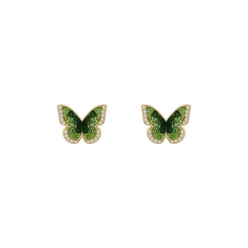 Mori gradual change green crystal butterfly earrings light luxury high-end stud earrings women's niche high-end diamond stud earrings jewelry