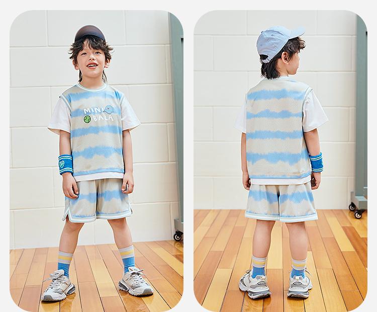 Boys' Mesh Breathable Fake Two-piece T-shirt Shorts Set