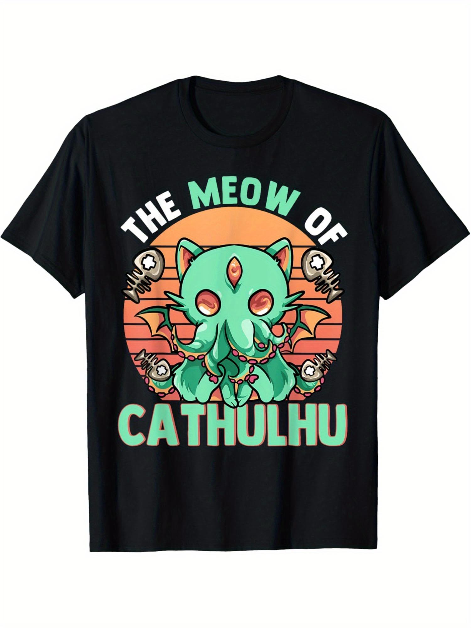 Cute Funny Cthulhu Cat Pun Cathulhu Meow T-Shirt Funny T-Shirt, Men s Summer Casual T-Shirts, Vintage Men s T-Shirt 4XL