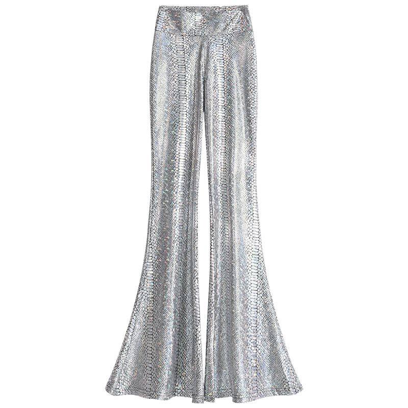 Snake Print Black Leather High-Waist Flare Pants: Slimming, Butt-Lifting, Floor-Length, Winter Casuals.