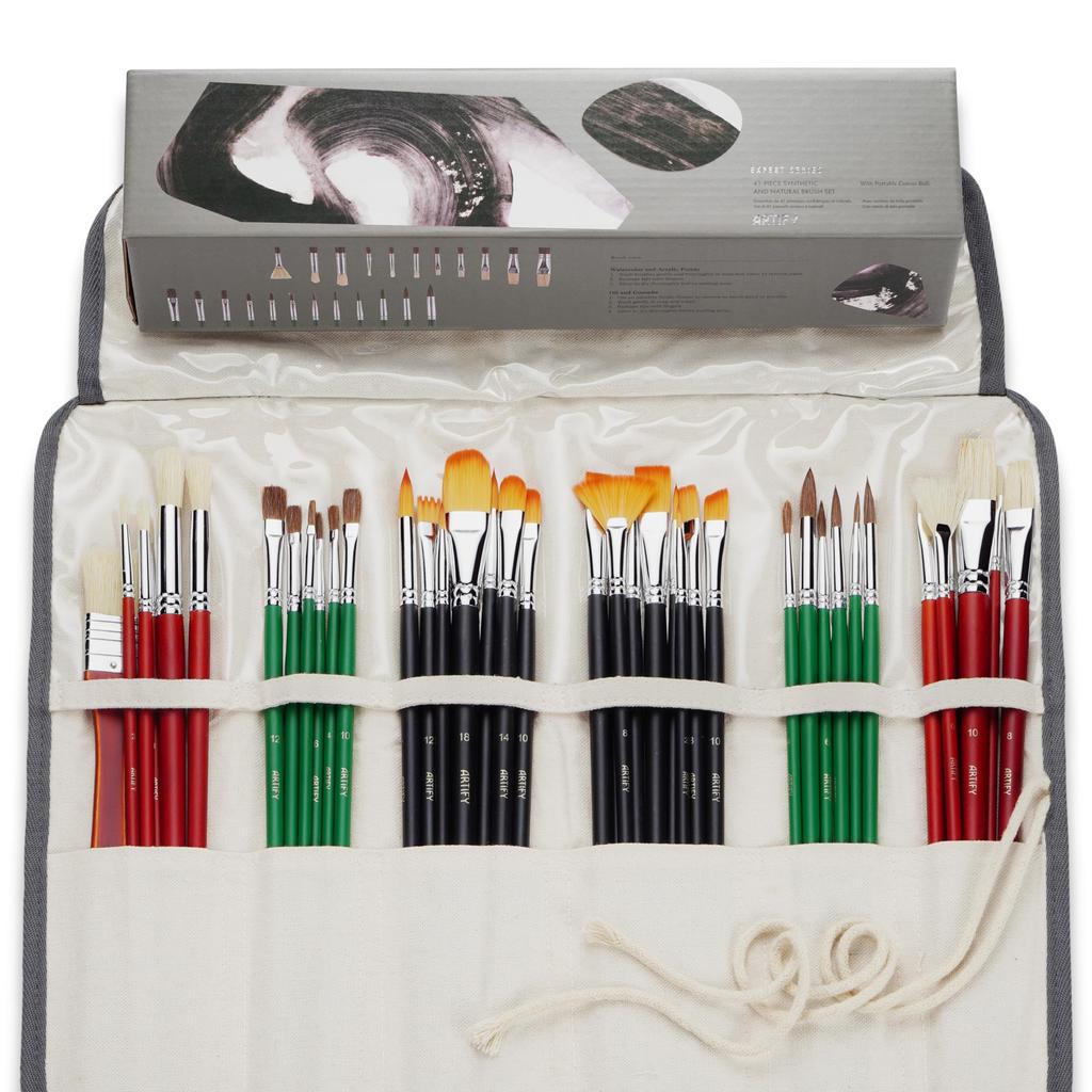 ARTIFY Acrylic Paint Brush Professional Detail Brush Set with Canvas-Wrapped Case, 41 Brushes for Acrylic, Oil Paint, Watercolor, and Gouache (Long Ha