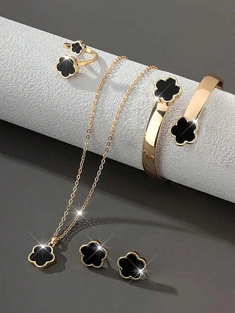 5-teiliges Zirkon-Set Glücksklee Armband, Halskette, Ohrringe, Halskette und Ring Zirkon-Set Geeignet für den täglichen Gebrauch als Geschenk für