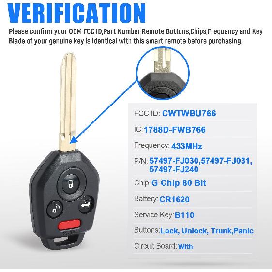 Remote Car Head Key Fob Replacement CWTWBU766 G Chip for Subaru Forester Impreza WRX XV Crosstrek STI 433MHz4 Button