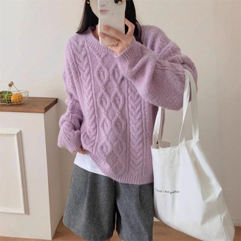 

Ретро пуловер с круглым вырезом, толстой вязки, с косами, осенне-зимний, новый, ленивый ветер, свободный, теплый свитер, женская верхняя одежда average size светло-фиолетовый