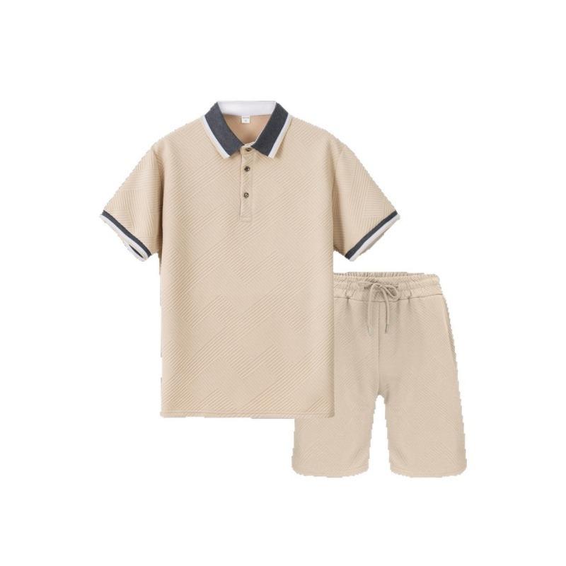 Men's Casual Navy Textured Polo Shirt Drawstring Shorts Summer Outfit