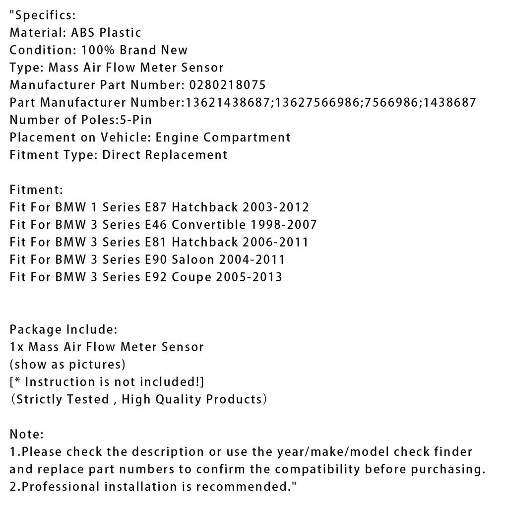 Mass Air Flow Meter Sensor For BMW E46 316i E81 E87 116i E90 E92 316i 0280218075