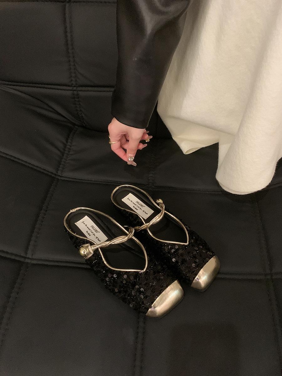 

Women s bag head half slippers Women s summer wear black sequined fairy evening shoes flat-soled small fragrant French sandals 35