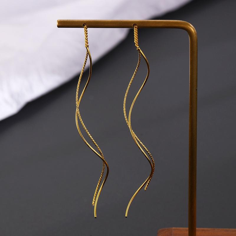 Módní náušnice s dlouhým střapcem v barvě zlaté linie pro ženy, jednoduché kovové vlnové náušnice, geometrické náušnice, estetický zirkon