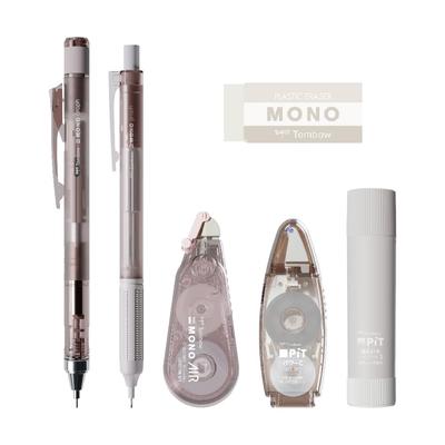 Tombow Pencil MONO PiT Stationery Set Pastel Glass Brown Set Mechanical Pencil X Glue Correction Tape × 6-piece (0.5mm 2, Eraser, Stick, Tape, Glue)