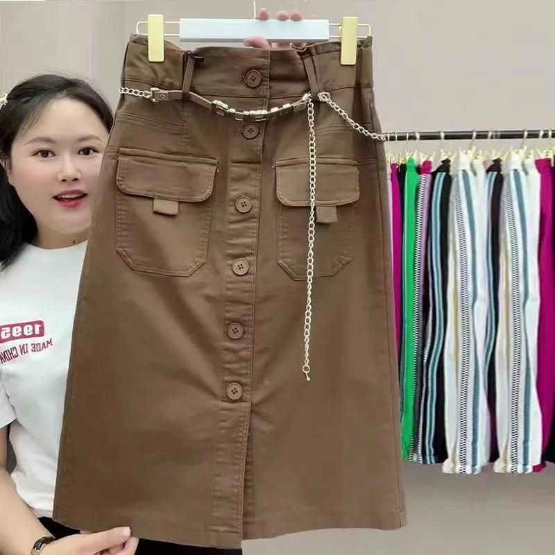 

Women s Spring Summer High Waist Slim Skirts Female Buttons Solid Color A-line Skirts Ladies Casual Plus Size Skirts 5XL кавовий