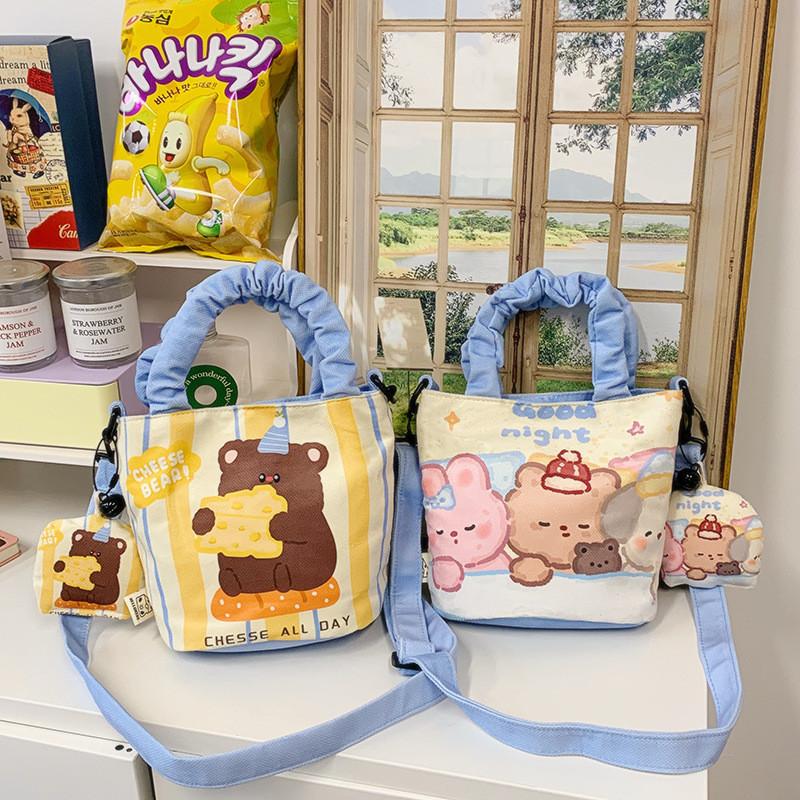 Cute Cartoon Water Bucket Bag With Little Bear Rabbit Print Designl For Casual Daily Use