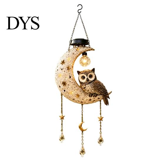 Waterproof Garden Decorative Lamps Solar Owl/Cat Moon Hanging Light, Outdoor Wind Chime with LED Yard Patio Porch Decor Resin Lamp, Auto On/Off