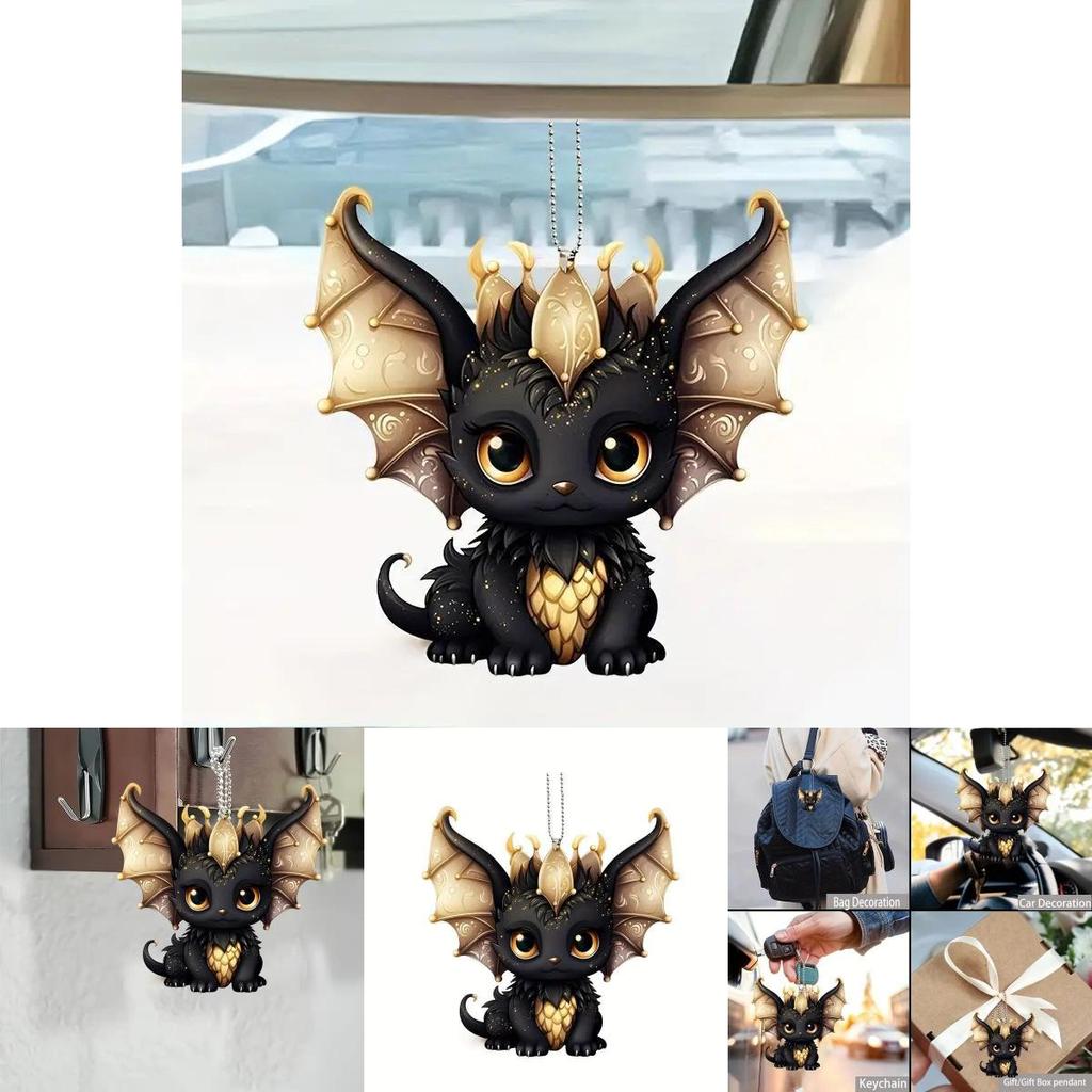 Car Decor Acrylic Flat Surface Black Dragon Pendant With Cartoon Style For Vehicle Interior Enhancement