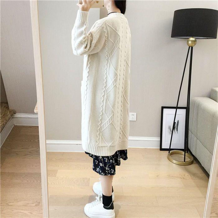 Loose V-neck Mid-length Knitted Cardigan for Women Diamond-shaped Twisted Sweater Coat Solid-color Casual Long-sleeved Cardigan
