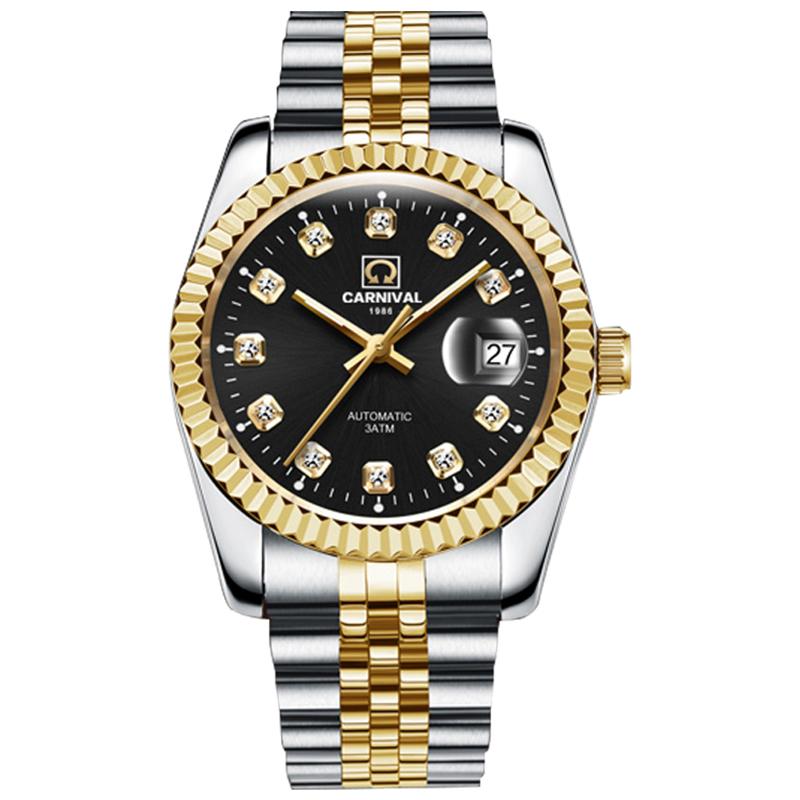 CARNIVAL Classic Diamond Time Automatic Mechanical Watches For Men Fashion Luminous Calendar Luxury Business Watch Men's