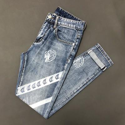 Men's Fashion Printed Jeans Color Block Denim Pants  Letters Printed Slim Straight Trousers