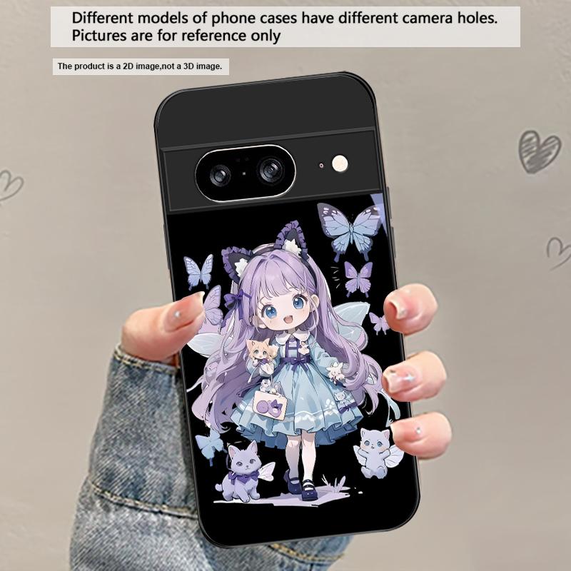 Q-version Blue Butterfly For Google Pixel 8 7 9 10 Pixel 10 Pro XL Pixel 9 Pro XL Pixel 8a 7a Pixel 7 Pro Black Glass Phone Case