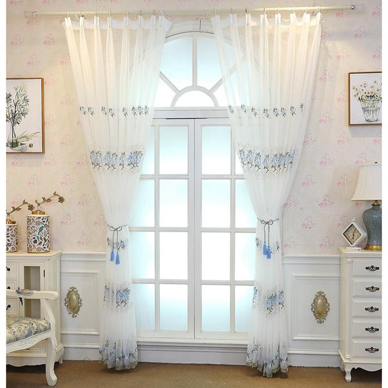 Embroidery Sheer Curtains Floral Drapes Window Treatment Curtain Panels For Living Room