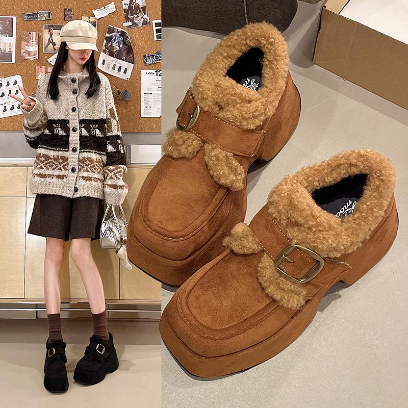 Birkenstocks women's autumn and winter new thick-soled heightening velvet warm loafers retro versatile casual cotton shoes