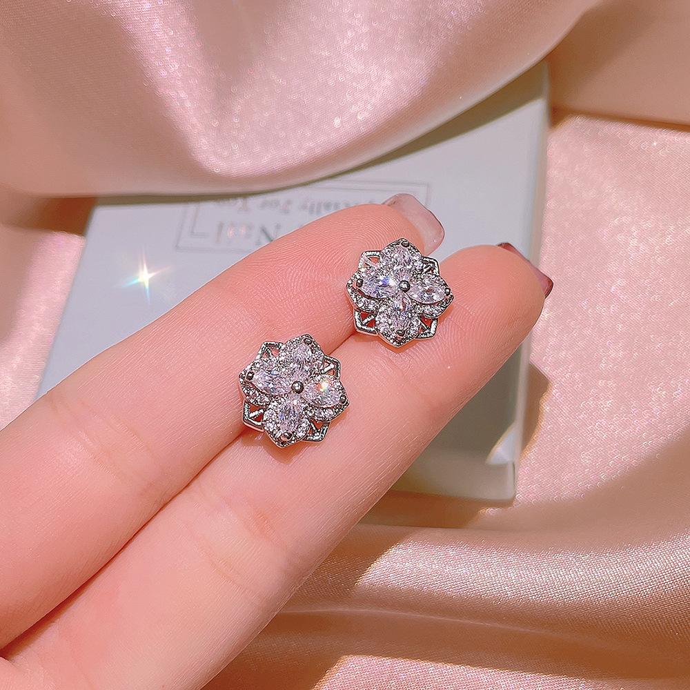925  fashion niche design diamond shining personality earrings women's necklace flower ring set party birthday gift